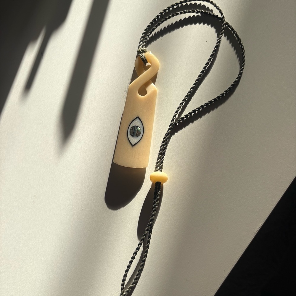 Jake Peters Hand‎ Carved Mammoth Tusk Toki Necklace Abalone Eye Inlay 18"